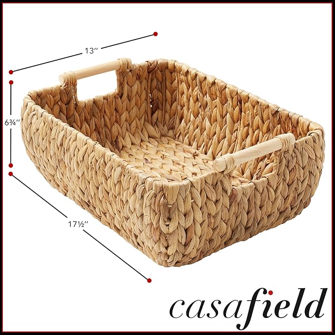 Casafield Set of 2 Water Hyacinth Oval Storage Baskets with Wooden Handles - Large, Woven Bin Organizers
