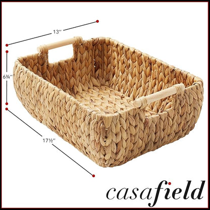 Casafield Set of 2 Water Hyacinth Oval Storage Baskets with Wooden Handles - Large, Woven Bin Organizers