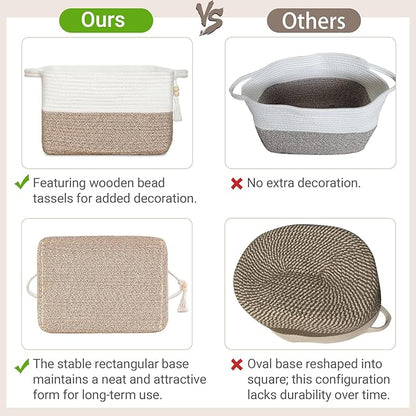 Mkono Woven Storage Basket, Cube Cotton Rope Basket for Shelves, Clothes, Toys, Towels, Books, Rectangle Bin with Handles for Organizing, Decorative Gift, 13'' x 10'' x 9'', Brown and White (1 Pack)