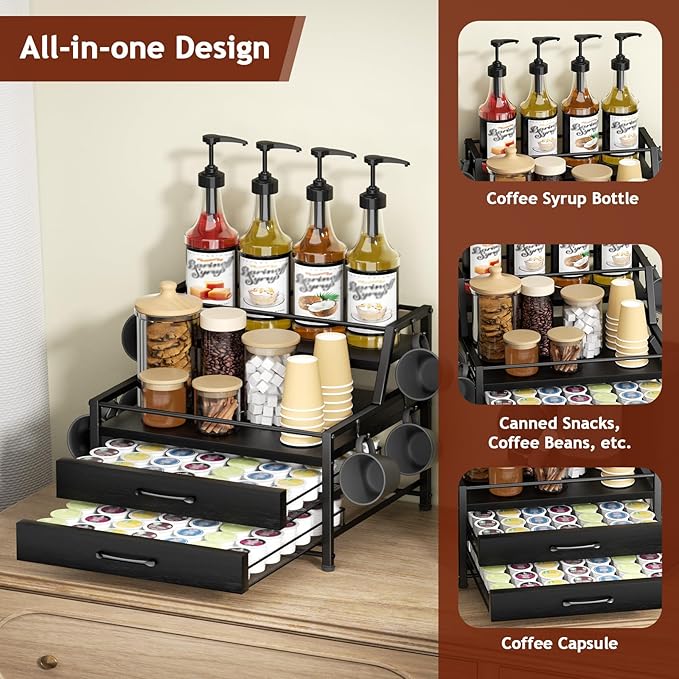 Homsorout Coffee Syrup Rack Organizer - 4-Tier 8 Syrup Wine Bottles Stand with 82 Storage Drawer for K Cups, Coffee Pod Holder for Countertop, Bar Station, Kitchen, Black