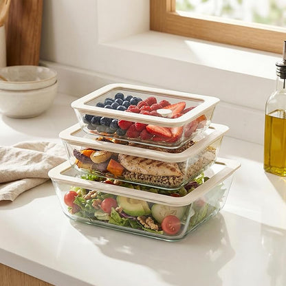 Urban Green Glass Food Container Set with Silicone Glass Lid, 3 Pack, Airtight, LeakProof, 100% Plastic Free, Meal Prep Containers (White Color)