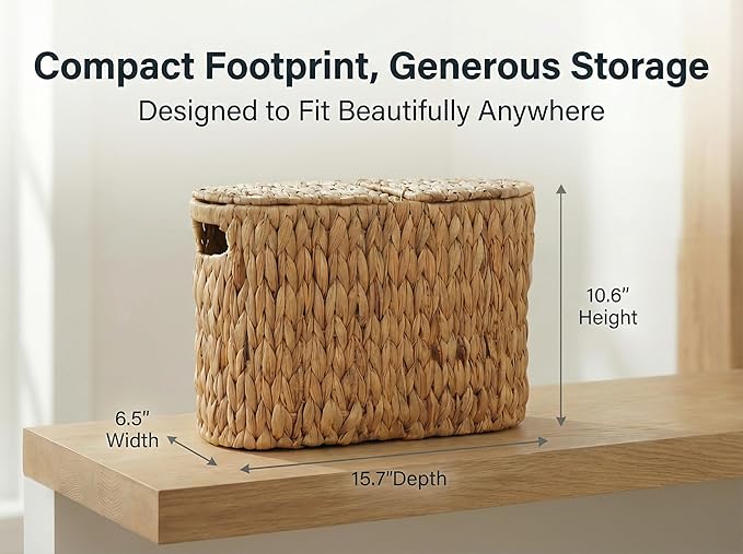 DEILSY™ Natural Water Hyacinth Toilet Paper Basket for 6 Rolls, Slim Toilet Paper Storage Basket with Built-in Handles for Bathroom or Powder Room (6 Rolls)