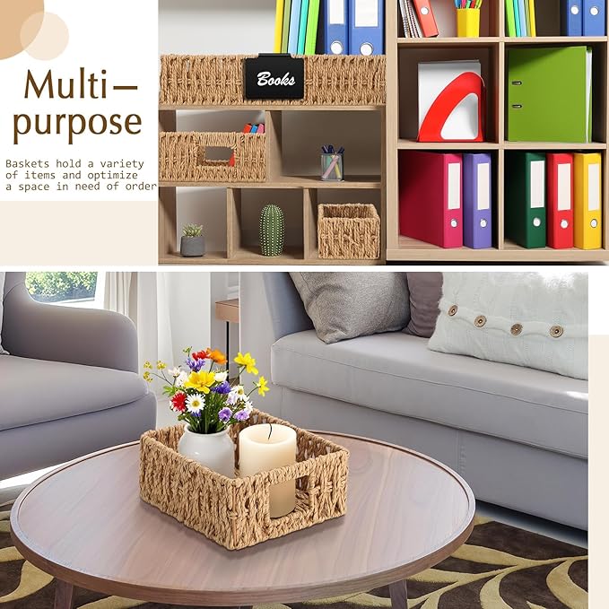 Marsui 9 Pcs Paper Rope Storage Baskets with Handle Labels Handwoven Multi-size Primary Color Storage Bins for Organizing Small Baskets Container for Shelves Closet Pantry Toilet
