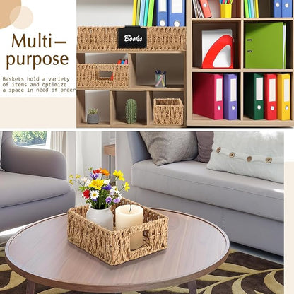 Marsui 9 Pcs Paper Rope Storage Baskets with Handle Labels Handwoven Multi-size Primary Color Storage Bins for Organizing Small Baskets Container for Shelves Closet Pantry Toilet
