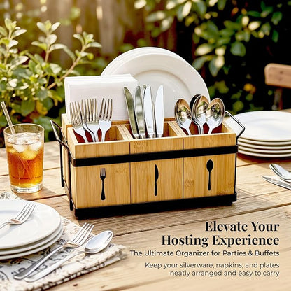 Silverware Caddy Wooden Silverware Holder Cutlery Storage Organizer Paper Plate Dispenser Flatware Cutlery Holder for Party Utensil Caddy for Spoons Forks Napkins Plates