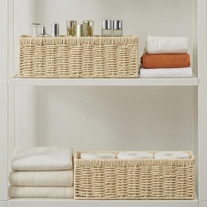 Vagusicc Wicker Storage Basket, Paper Rope Wicker Baskets with Handles, Toilet Paper Basket for Toilet Tank Top, Small Wicke Baskets for Organizing Shelves, 2-Pack, Begie