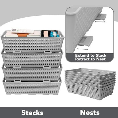 Tiawudi Stackable Woven Plastic Basket, Storage Bins for Cabinet, Closet, Shelf, Under Sink and Countertop, Pantry Organizer Bins, 6 Pack
