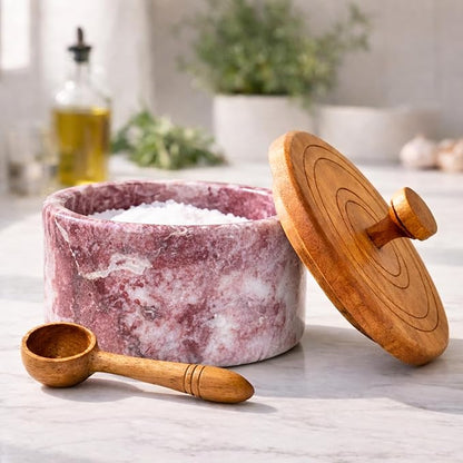 Marble salt cellar with lid and spoon, salt container with spoon, salt bowl with acacia wood lid, salt holder for countertop, salt jar - Red