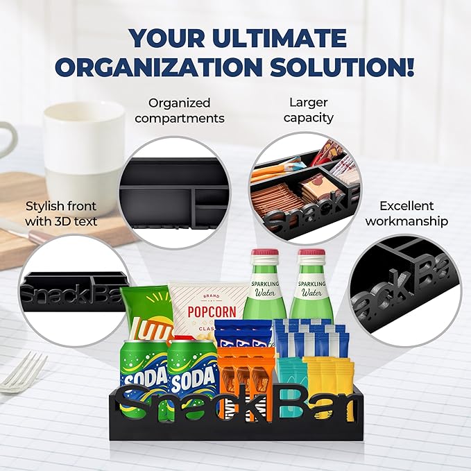 Snack Bar Organizer – Black 4 Compartment Station, Countertop Pantry Organizer for Kitchen, Office Food Holder, Candy Storage Bin, Display Stand, Cabinet Tray & Shelf