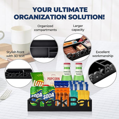 Snack Bar Organizer – Black 4 Compartment Station, Countertop Pantry Organizer for Kitchen, Office Food Holder, Candy Storage Bin, Display Stand, Cabinet Tray & Shelf