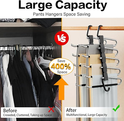 Pants Hangers Space Saving - 2 Pack Closet Organizer and Storage Jean Hangers, Stainless Steel Anti-Slip Clothes Hanger Scarf Holder for Pants Jeans Leggings Trousers Pant Rack, Black