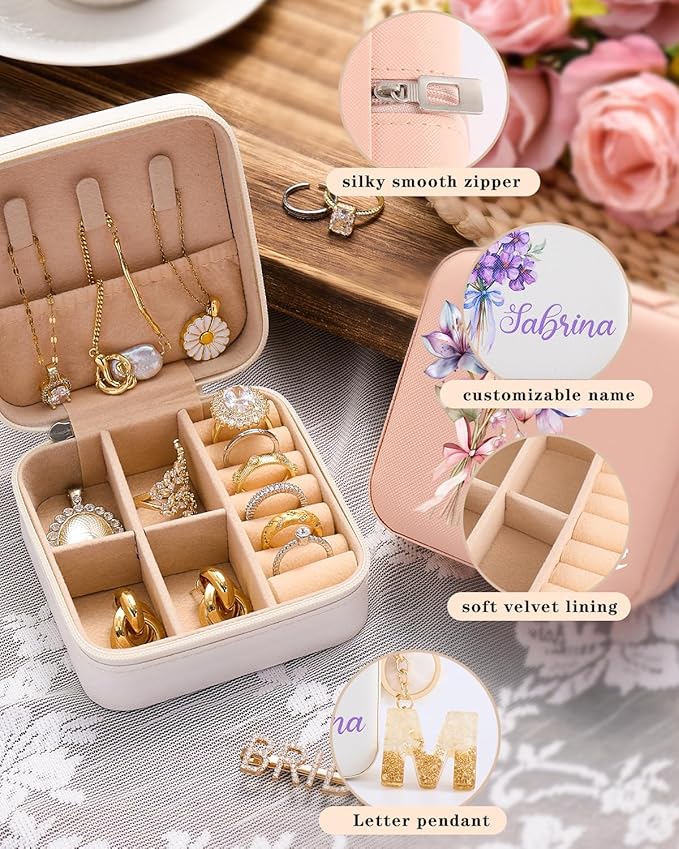 Personalized Jewelry Box for Girls Women, Custom Leather Travel Jewelry Case with Name Birth Flower, Storage Mini Organizer for Necklaces Earrings, Gifts for Wife Girlfriend Bridesmaid Wedding Mother