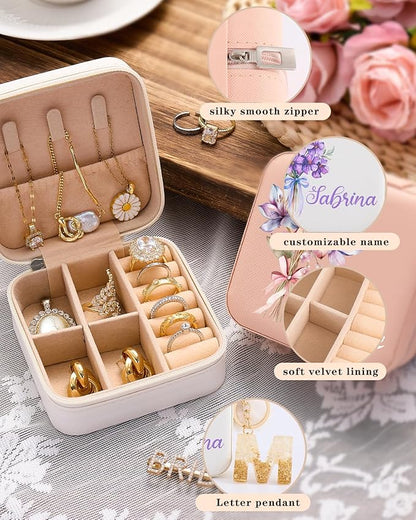 Personalized Jewelry Box for Girls Women, Custom Leather Travel Jewelry Case with Name Birth Flower, Storage Mini Organizer for Necklaces Earrings, Gifts for Wife Girlfriend Bridesmaid Wedding Mother