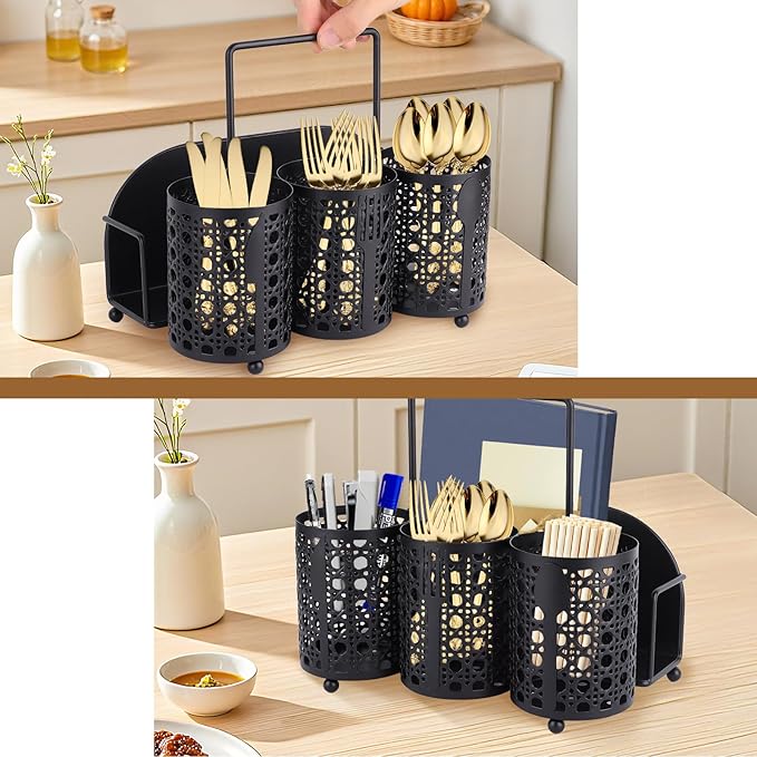 NelyBet Utensil Caddy Silverware Holder Fork Spoon Napkin Paper Plate Organizer Metal Utensil Holder Cutlery Flatware Organizers for Party Kitchen Countertop Camping Picnic - Black Mesh