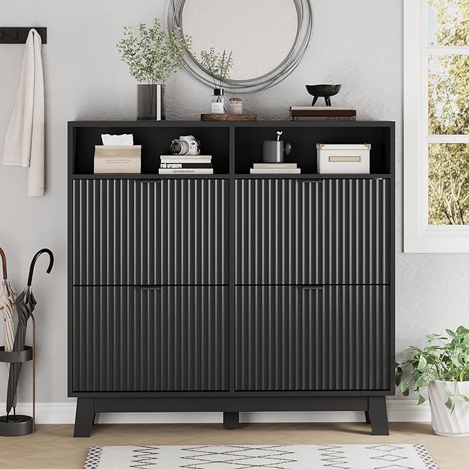 Xixini Shoe Cabinet with 4 Flip Drawers, 46" Tall Narrow Fluted Shoe Storage Organizer for Entryway, Hidden Slim Wooden Shoe Rack Cabinet for Front Door Entrance, Hallway, Living Room, Solid Black