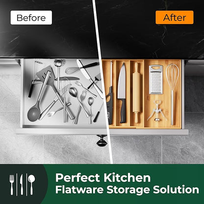 Large Silverware Organizer, 11 Slots Magnetic Connected Expandable Acacia Wood Utensil Drawer Organizer From 21 to 37.4 Inches, Adjustable Flatware and Cutlery Holder, Utensil Tray for Kitchen