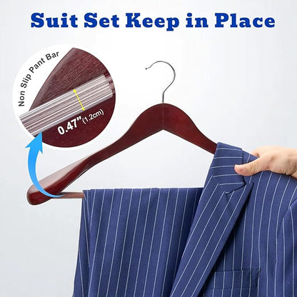 HOUSE DAY Wood Suit Hangers for Men, Wide Shoulder Wooden Hangers with Non Slip Pants Bar, Smooth Retro Finish 360° Swivel Hook Solid Wood Coat Hangers for Heavy Clothes Hanger 6 Pack (Cherry Wood)