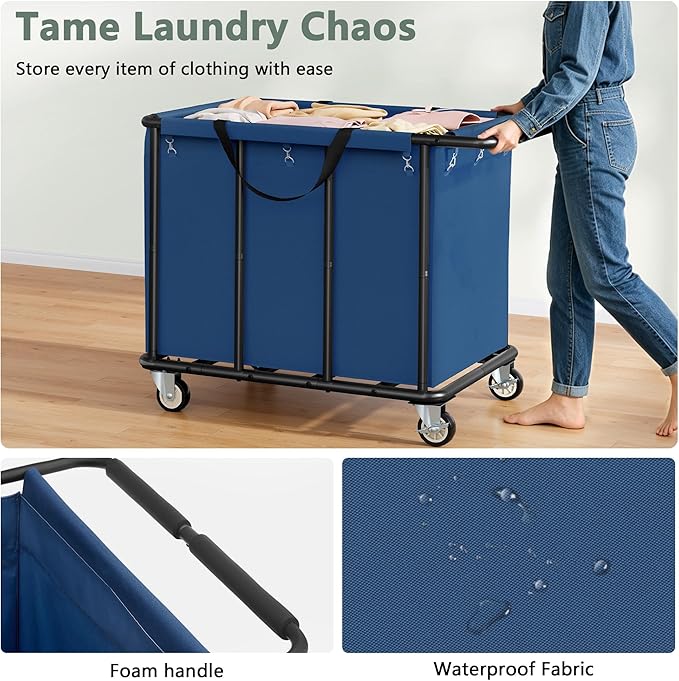 FAVOOSTY 470L Heavy Duty Commercial Laundry Cart with Wheels,Industrial Rolling Laundry Hamper, Extra Large Laundry Basket, Metal Frame for Hotel/Hospital/Home, 440lbs (Blue)