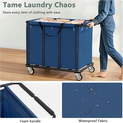 FAVOOSTY 470L Heavy Duty Commercial Laundry Cart with Wheels,Industrial Rolling Laundry Hamper, Extra Large Laundry Basket, Metal Frame for Hotel/Hospital/Home, 440lbs (Blue)