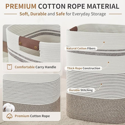 AINUOQI Laundry Hamper - Tall Woven Rope Laundry Basket - Clothes hamper with Leather Handles, 17" X 13.8" X 22", Blanket Storage Basket for Living Room, Rice Brown & White