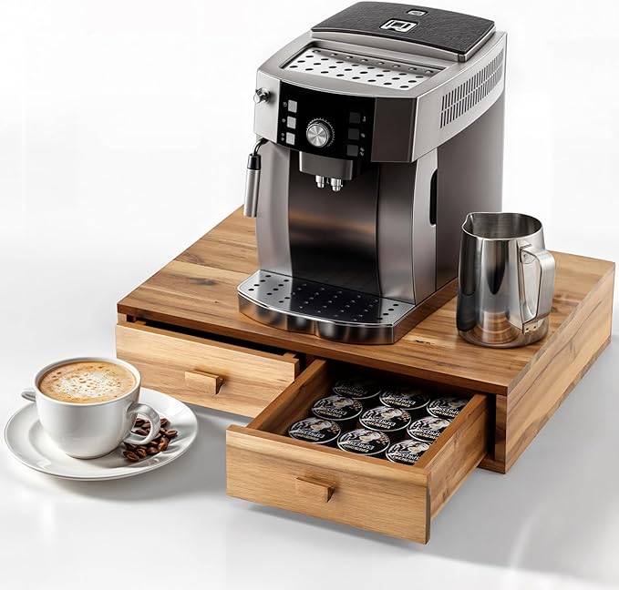 Tinamo Acacia Wood Coffee Pod Storage Box, 30 Pod Capacity, Coffee Pods and Tea Organizer Holder, K Pod Drawer Coffee Maker Machine Stand, for K-Cup Drawer Organizer Under Brewer (Acacia, 2 drawer)