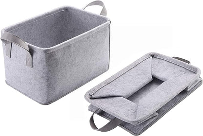 Collapsible Storage Bins Foldable Felt Fabric Storage Basket Organizer Boxes Containers with Handles PU Handles for Nursery Toys,Kids Room,Clothes,Towels,Magazine (PU-Light grey, 15.9L×11W×9.8H)
