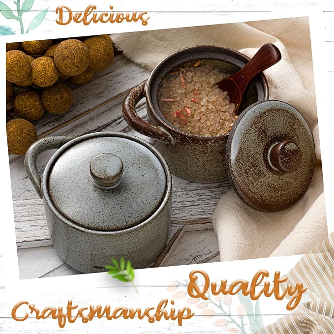 Honeydak Speckled Ceramic Salt Cellar with Lid and Wooden Spoon, Rustic Farmhouse Salt Pepper Cellar Holder for Mothers Day, Housewarming Gift, Heavyweight Spices Jar(Light Gray Retro Color,2 Set)