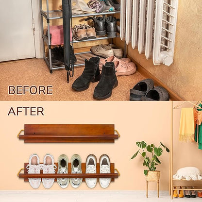 Wall Mounted Shoe Rack 2 Pcs, Solid Wood Wall Hanging Small Shoe Storage, Organize for Shoes, Sneaker, Slipper and Boots in Narrow Spaces, Entryway, Hallway, Trailer or RV, Walnut Color (28.5'' Long)