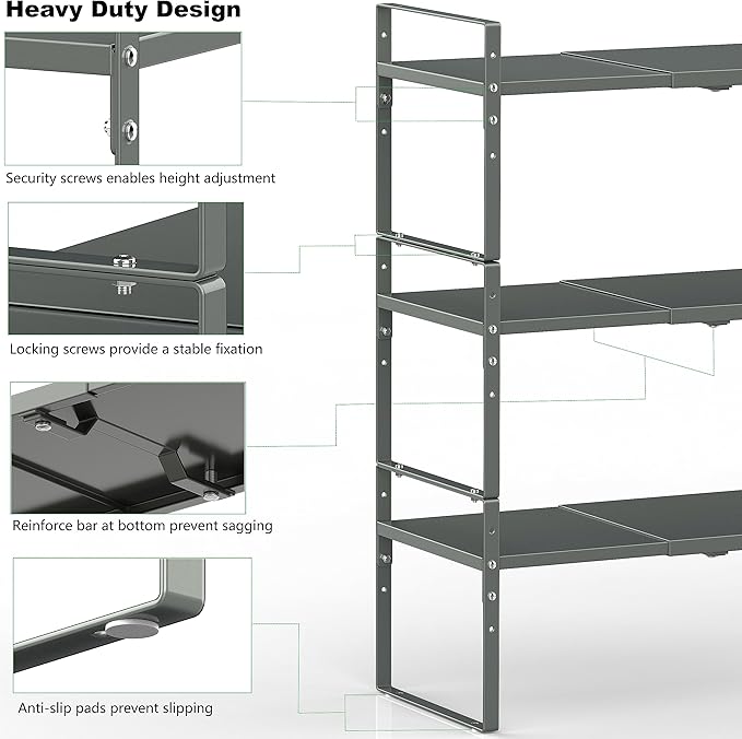 Jojocross Expandable Stackable Spice Rack Cabinet Shelf Organizer in Cabinets Shelves Kitchen Cupboard Organization Stack up Racks Pantry Countertop Storage (Gun-Gray, Medium 1 Pack G)