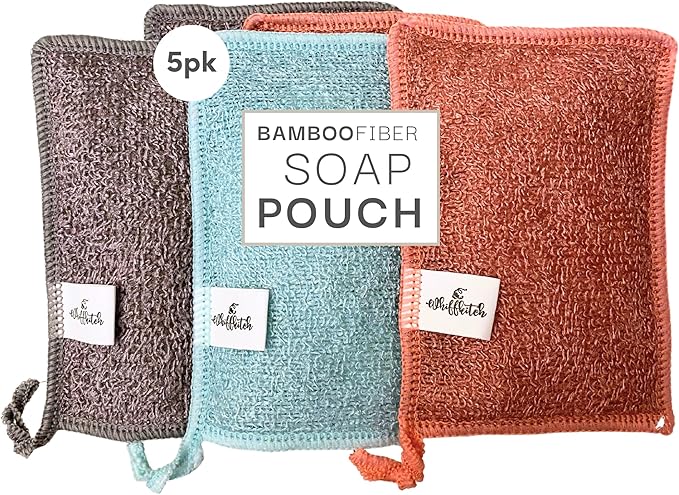 Whiffkitch Soap Pouch 5-Pack – Versatile Mesh Scrubber Wash Bag for Shower & Bath, Bamboo Fiber Bar Soap Holder & Travel Bag, Durable Scrubber Pouch for Rich Lather, Solid - 4x5 inches