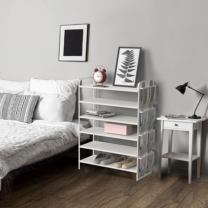 Simple Houseware 6-Tier Shoe Rack Storage Organizer w/Side Hanging Bag, White