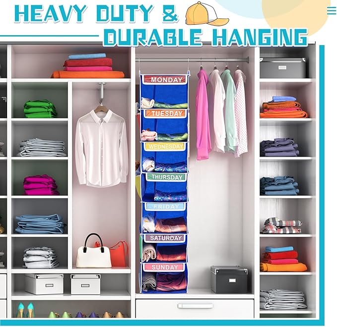 2 Pcs 7 Shelf Weekly Clothes Organizer for Kids Double Grid Hanging Closet Organizer 11. 8 x 11. 8 x 50 Inches Daily Activity Kids Clothes Storage Drawers Cube Closet Hanging Shelves