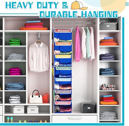 2 Pcs 7 Shelf Weekly Clothes Organizer for Kids Double Grid Hanging Closet Organizer 11. 8 x 11. 8 x 50 Inches Daily Activity Kids Clothes Storage Drawers Cube Closet Hanging Shelves