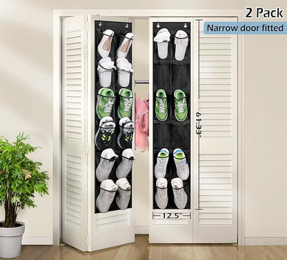 MISSLO Over The Door Shoe Organizer 12 Large Mesh Pockets Hanging Narrow Closet Door, Black, 2 Pack