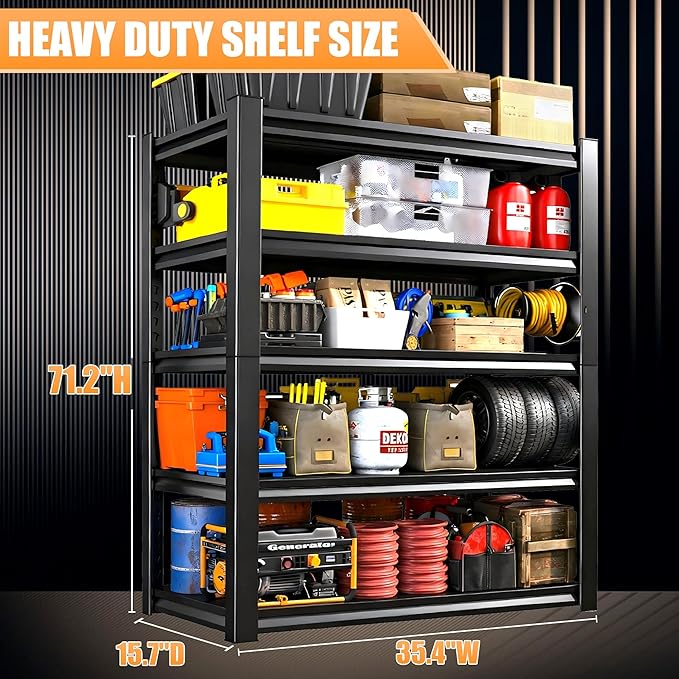 71.2" H Garage Shelving, 5 Tier Storage Shelves Load 3000 lbs, Adjustable Garage Shelves, Metal Shelving Unit for Warehouse, Basement, Pantry, 35.4" Wx 15.7" D x 71.2" H, Black