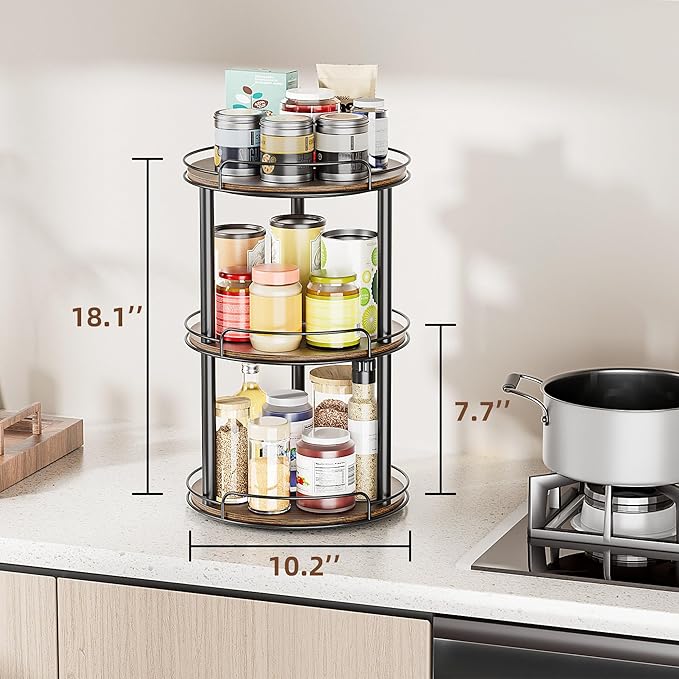 LAMU 10'' Wood Lazy Susan Turntable Organizer for Cabinet, 3 Tier Lazy Susan Spice Rack Organizer for Kitchen, Wood Cake Turntable for Cupcake Stand, Table Top, Countertop, Pantry, Bathroom