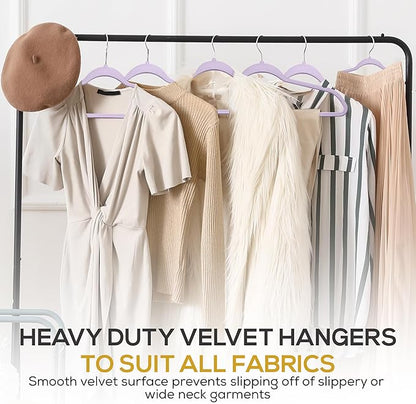 Techzoo Premium Velvet Hangers 50 Pack Ultra Thin Non Slip Adult Felt Space Saving Suit Hanger for Closet Heavy Duty Coat Pants Jackets Dress Hangers 360° Swivel Hook Hold Upto 10 lbs Purple Hangers