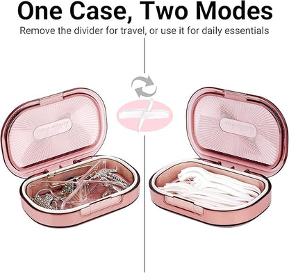 Adorila 2-Pack Travel Cotton Swab Case with Removable 4-Way Divider, Slim Hair Tie & Floss Pick Organizer for Toiletry Bag (Pink/Blue)
