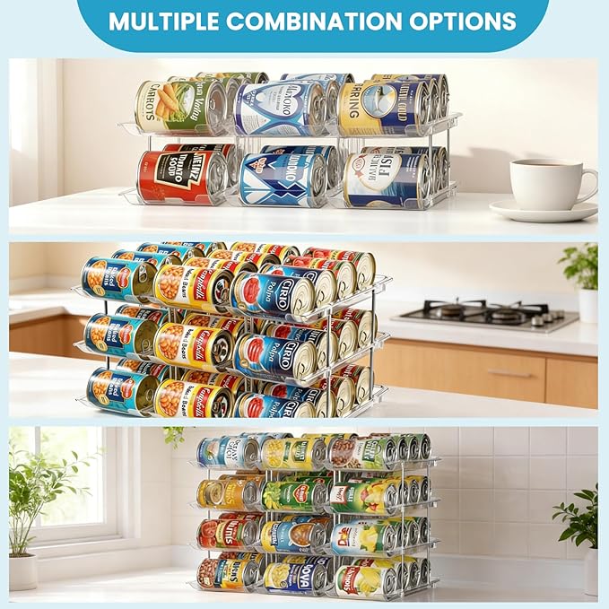 Can Organizer for Pantry, 4 Tier Canned Food Goods Storage Organizer, Clear Soda Can Organizer for Refrigerator Stackable Can Dispenser Rack Holders for Pantry Cabinet Fridge Countertop, Holds 48 Cans