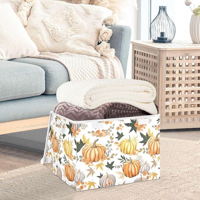 senya Thanksgiving Storage Baskets Collapsible Storage Bins with Lids, Pumpkins Flowers Leaves Thanksgiving Storage Boxes Clothes Baskets for Organizing