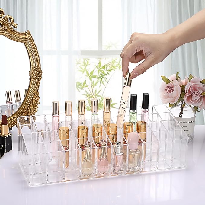 ELLDOO Rollerball Perfume Organizer, 44 Spaces Clear Acrylic Perfume Storage Holder Beauty Scent Holder, Essential Oil Storage Holder Organizer, Makeup Lipgloss Lipstick Display Case
