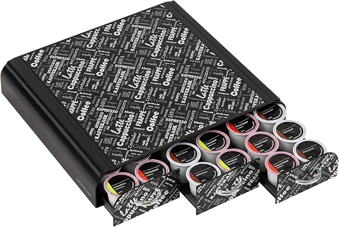 Mind Reader Single Serve Coffee Pod Organizer with 3 Drawers, 36 Pod Capacity, 12.25"L x 13.5"W x 2.5"H, Black Print