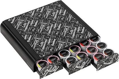 Mind Reader Single Serve Coffee Pod Organizer with 3 Drawers, 36 Pod Capacity, 12.25"L x 13.5"W x 2.5"H, Black Print