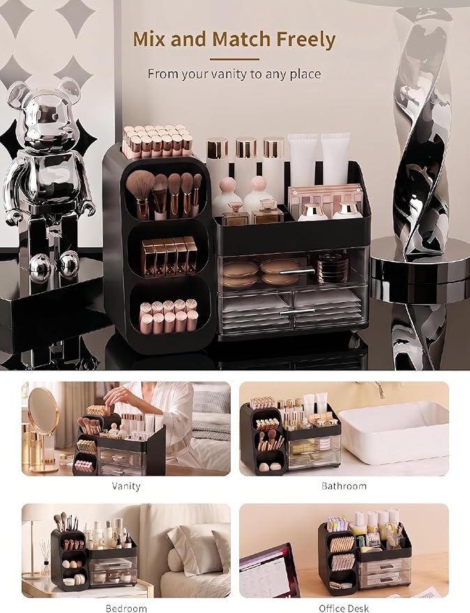 Booklov Makeup Organizer for Vanity, Large Capacity Cosmetic Display Case with Drawers, Countertop Beauty Storage Holder for Skincare, Brush Eyeliner Perfume Eyeshadow Lipsticks, Counter Desk, Black