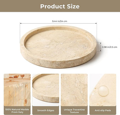 Natural Marble Vanity Tray for Bathroom Kitchen Dresser, Travertine Stone Decorative Trays for Jewelry, Perfume, Cosmetic, Candle, Round Countertop Storage Organizer for Home Decor Beige (WH019)