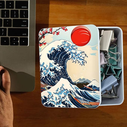 Metal Tin Box Sturdy Metal Storage Box with Lid, Large Container Holder for TCG Cards,Car Keys,Cookies,Tin Containers for Gift,5.0x3.7x1.6 Inch,Exquisite Pattern Design(Waves Sun)