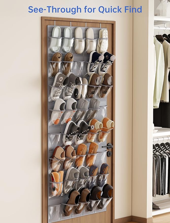 NiHome Over the Door Shoe Organizer with 40 Clear Pockets, Hanging Closet Storage Rack for 20+ Pairs of Shoes, Waterproof PVC Space-Saving Headphone & Cell Phone Holder for Classroom Dorm, Laundry