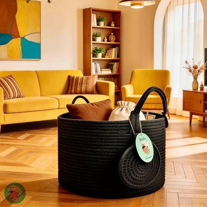 Modern Granny Small Cotton Rope Laundry Basket 16x10 Inch Dual Secure Woven Handle for Living Room Closet Clothes Blanket Organization