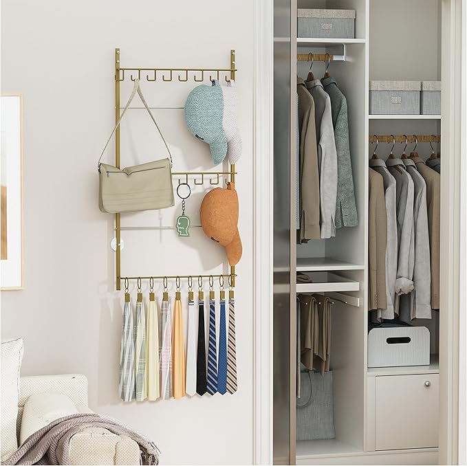 HapiRm Over Door Hat Rack - 3 Tier Wall Mounted Hat Organizer with 16 Hooks and 10 Movable Clips, Baseball Cap Organizer Storage Holds up to 26 Caps for Door, Bedroom, Closet USPTO Patent Pending