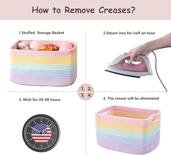 Set of 4 Rainbow Rope Basket for Shelves Woven Rectangle Storage Basket Bins for Nursery Toy Storage for Baby Girl